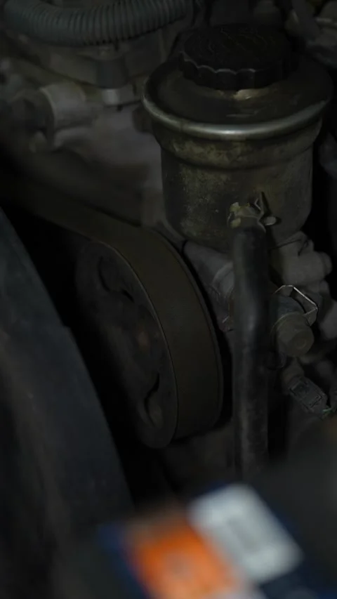 A close-up view of a power steering pump pulley driven Stock Footage 343552720
