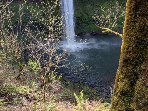 Close-up view of a powerful waterfall striking the lake below Foto stock