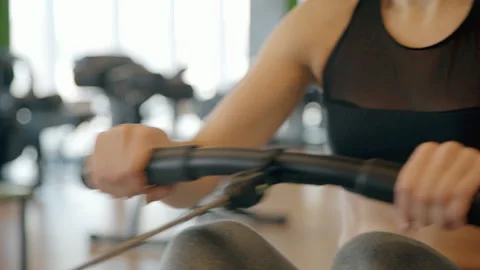 Close view of press training on special equipment at fitness club. Stock Footage 109409025