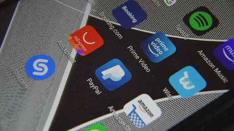 Close-up view of Prime Video icon app on an Android smartphone, including other  Stock Footage 128378945