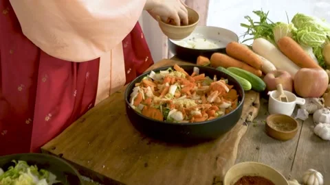 Close up view process of making kimchi, Korean traditional pickles, in big .. Stock Footage 272465737