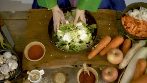Close up view process of making kimchi, Korean traditional pickles, in big .. Stock Footage 272465849