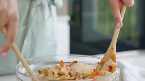 Close up view process of making kimchi, Korean traditional food, in big bow.. Stock Footage 272466321