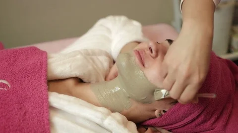 Close up view of professional master applying clay on womans face in spa salon Stock Footage 73910283
