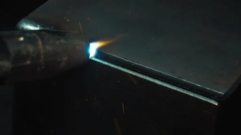 Close Up View Of Professional Metal Welding Torch Burning In Workshop Stockbeeldmateriaal 337450894