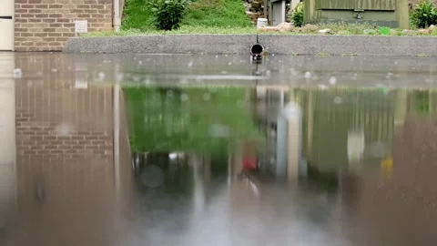 A close-up view of a puddle in an urban area, reflecting buildings and greenery Vidéo 280430885