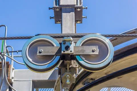 Close View of the pulley system of a cable car tower Stock Photos