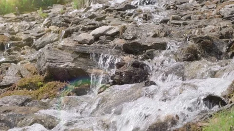 Close-up view to the purity clean water flowing down from caucasian glacier Stock Footage 206473663
