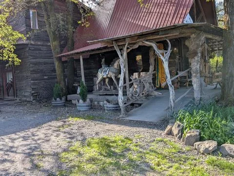 Close view of quirky self-built cottage with driftwood overhang, wooden horse Photos