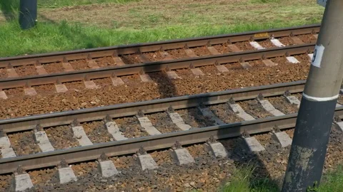 Close View Of Railroad Track Moving At High Speed. Camera moves along railway. Video stock 81570868
