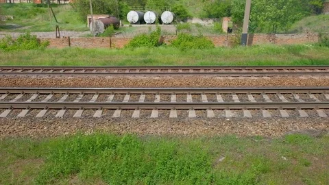 Close View Of Railroad Track Moving At High Speed. Camera moves along railway. Video stock 81574341