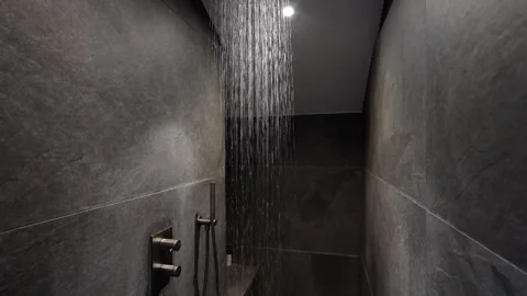 Close Up View Rain Shower Head Running Water Minimalist Luxury Bathroom Stock Footage 344443047