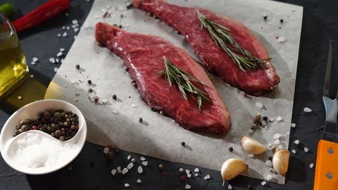 Close up view of raw beef steak on table while adding salt with pepper and Stock Footage 115831699