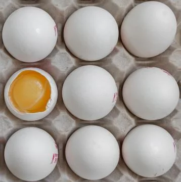 Close up view of raw chicken eggs in a box Stock Photos