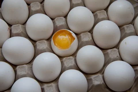 Close up view of raw chicken eggs in a box Stock Photos