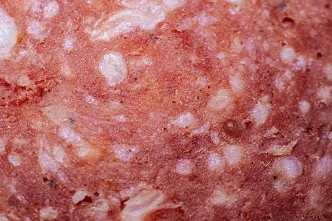 Close-up view of raw ground meat with visible fat and protein texture, show.. Stock Photos