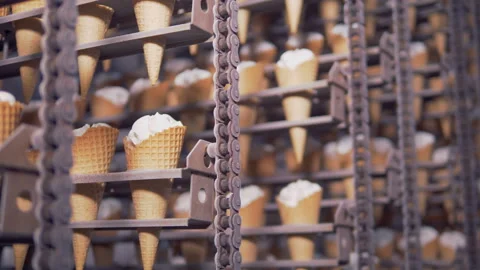 Close-up view on ready ice-cream cones in cooling chamber. 4K. Stock Footage 88315096