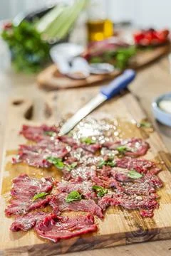 A close-up view of the ready-made carpaccio meat for tasting Stock Photos