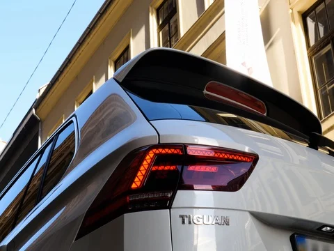 Close up view of rear part of modern white SUV car. Stock Footage 79990034
