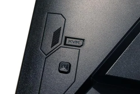 Close-up view of the rear section of a Gigabyte M27Q computer monitor with .. Fotos de archivo