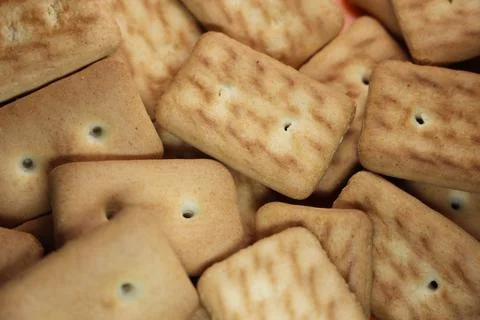 Close up view rectangular biscuits with small pores Stockfoto's