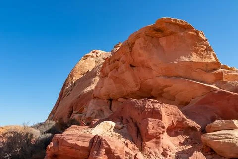 Close up view of red Aztek sandstone rock formations in Petroglyph Canyon a.. Stock Photos