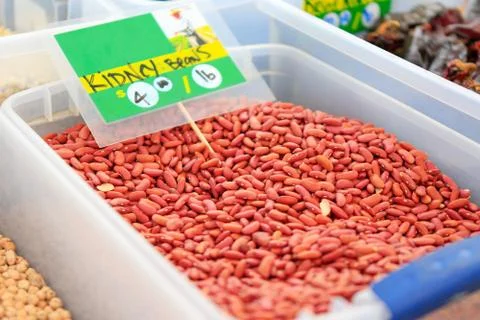 Close up view of Red kidney beans displayed for sale at the Farmers' Market Stock Photos
