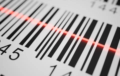 Close-up view on red laser is scanning label with barcode on product. 3D rend Stock Illustration