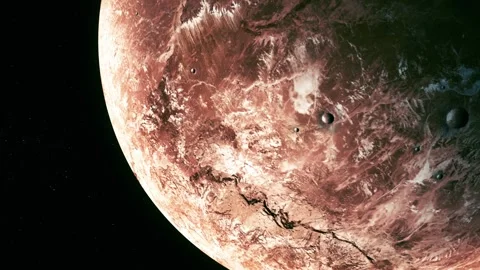 Close view of a red rocky planet with craters and surface details floating .. Stock Footage 340389192