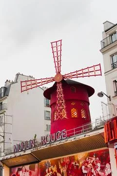 Close Up View of the Red Windmill on the Moulin Rouge in Paris France - 9th.. Stock Photos