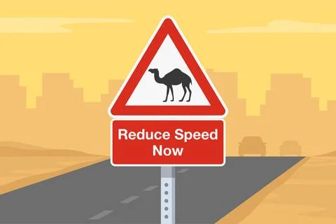  Close-up view of a "Reduce speed now, camel crossing" sign. Illustrazione stock