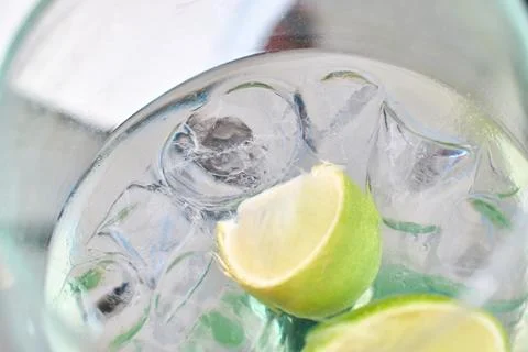 Close-up view of refreshing gin and tonic cocktail with ice cubes and fresh.. Фото