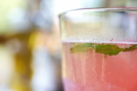 Close-up view of a refreshing pink cocktail garnished with fresh mint leave.. Stock Photos