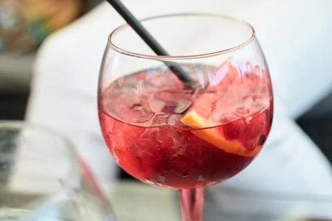 Close-up view of a refreshing pink gin cocktail with ice and citrus slices Stock Photos