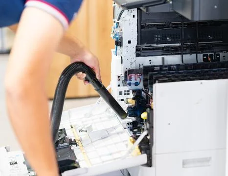 Close-up view of a repair specialist using a vacuum cleaner nozzle to clean.. 스톡 사진