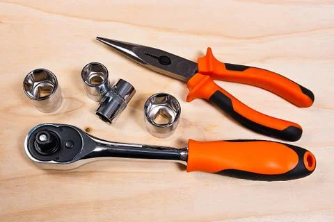 Close up view of the repair tool set on wooden background Foto stock