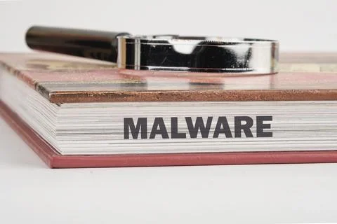 A close-up view reveals a book focused on malware, complemented by a magnifyi Stock Photos