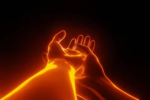 Close up view of right hand holding left hand with fire light 3D glowing. Beg Stock Photos