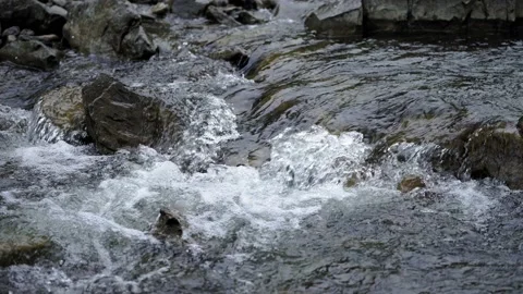 Close-up view of a river stream flowing over natural stones. Clear water. Video stock 201625483