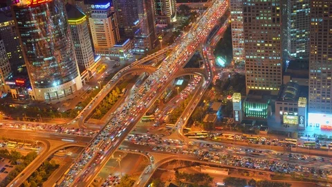 Close view Road junction highway night illumination. Financial District. China   Video stock 72676227