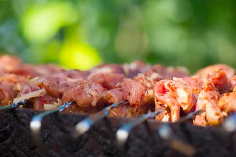 Close up view of roasted meat prepairing on barbeque. Stock Photos