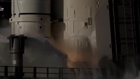 Close up view of a rocket engine during launch showing intense fire. Stock Footage 333291705