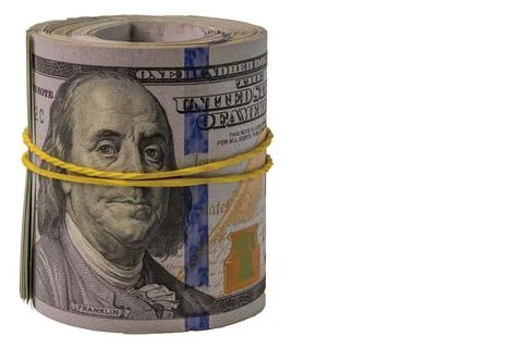 Close up view of rolled hundred dollar bills isolated on white background. Stock Photos