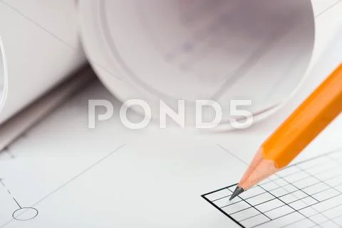 Close view of rolls blueprints Stock Photos