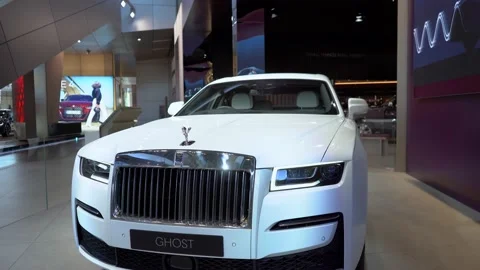 Close up view of Rolls-Royce Ghost luxury car in BMW World &amp; Museum Stock Footage 171070636