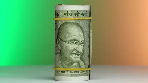 Close up view of rotating 500 Indian rupees (INR) banknotes, brand new notes. Stock Footage 304833053