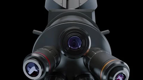 Close-up view of a rotating block of microscope lenses from below. 3D render Stock Footage 288577360