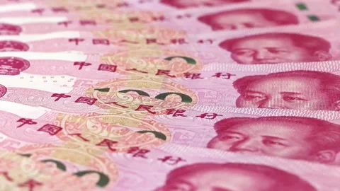 Close up view of rotating Chinese Yuan (CNY), brand new notes. Stock Footage 306111503