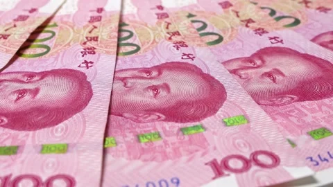Close up view of rotating Chinese Yuan (CNY), brand new notes. Stock Footage 306111947