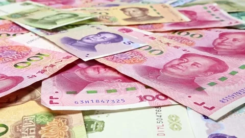 Close up view of rotating Chinese Yuan (CNY), brand new notes. Stock Footage 306113111